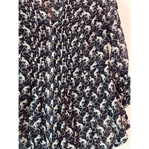 Maeve Womens Black White Monkey Print Button-Up Blouse Size 0 Pleated 3/4 Sleeve - Picture 2 of 9
